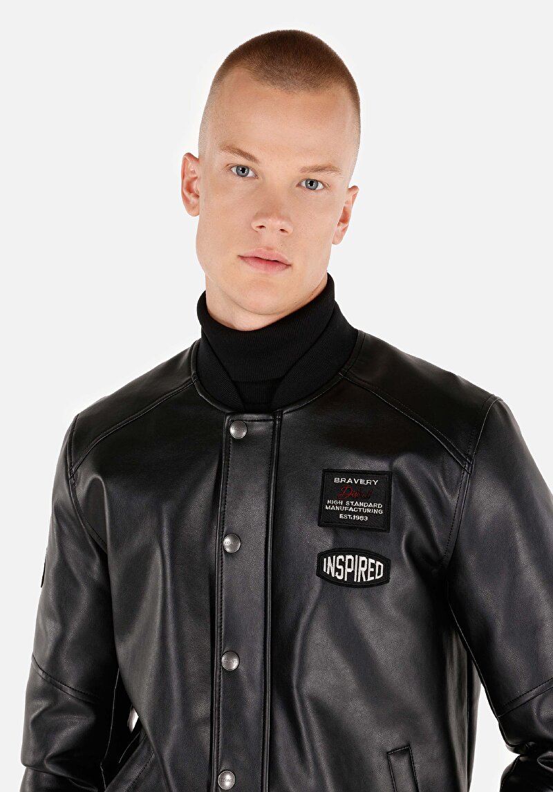 Slim Fit Çıt Çıtlı Erkek Siyah Mont Pu