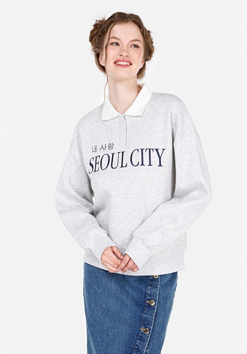 Regular Fit Polo Yaka Kadın Gri Sweatshirt