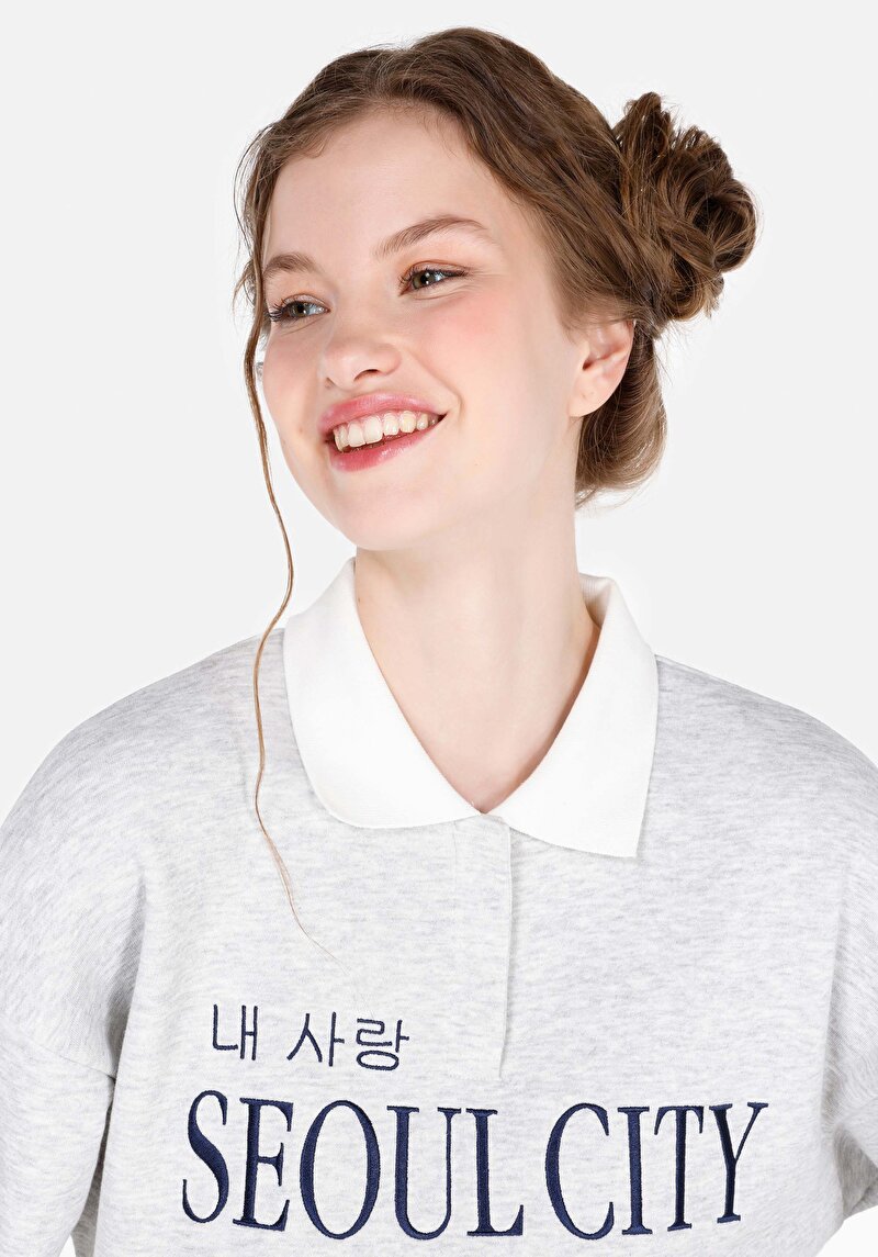 Regular Fit Polo Yaka Kadın Gri Sweatshirt