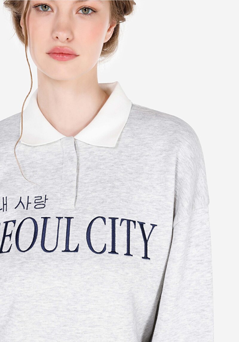 Regular Fit Polo Yaka  Kadın Gri Sweatshirt