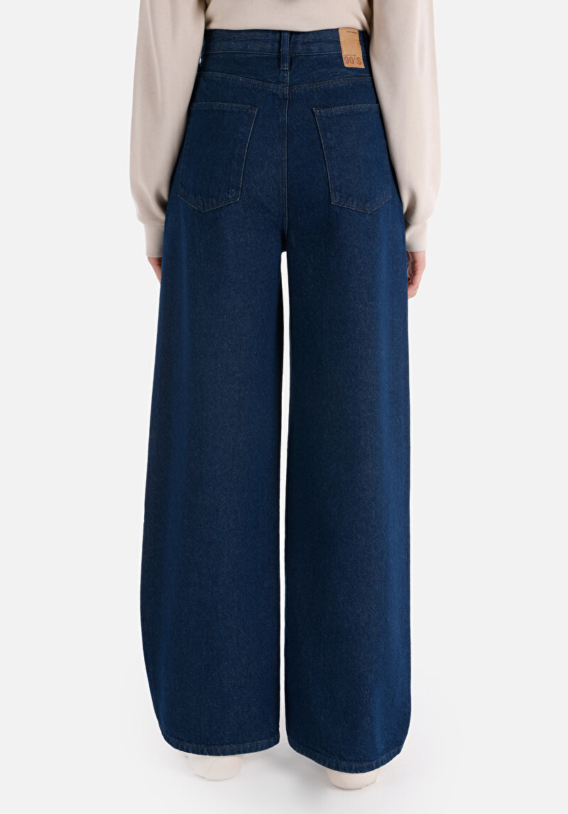 Regular Fit Yüksel Bel Geniş Paça Kadın İndigo Denim Jean Pantolon