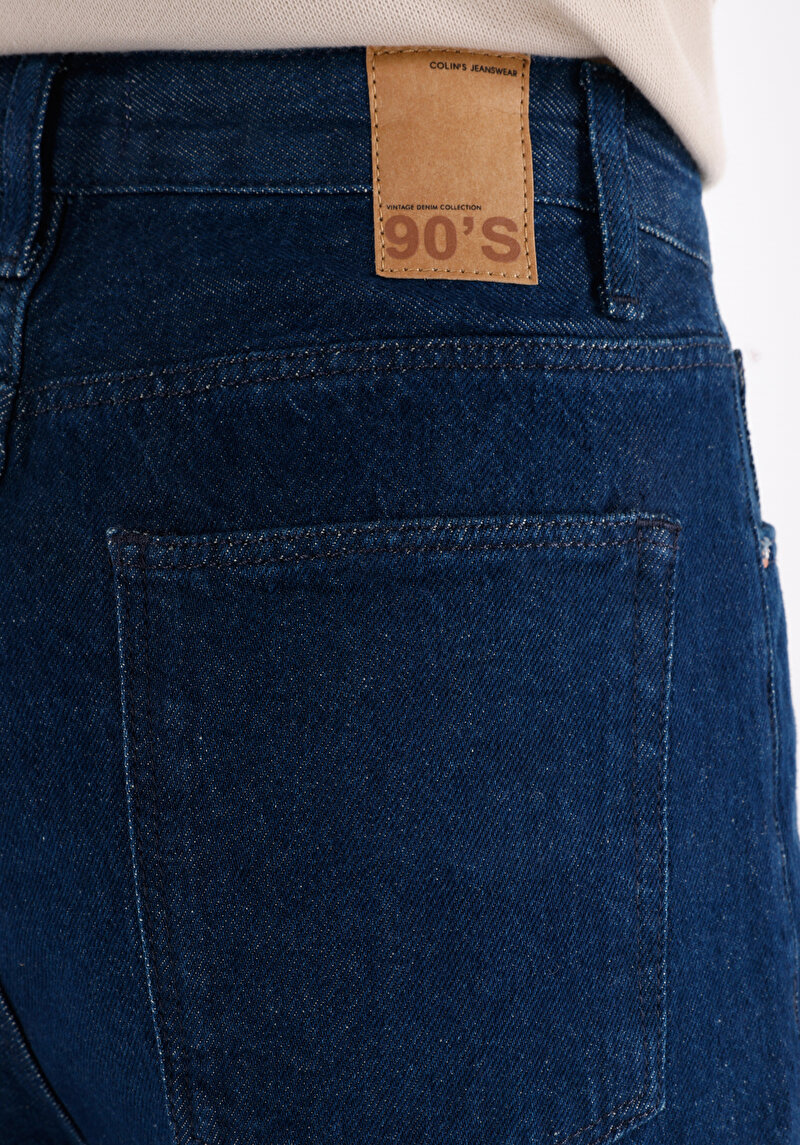 Regular Fit Yüksel Bel Geniş Paça Kadın İndigo Denim Jean Pantolon