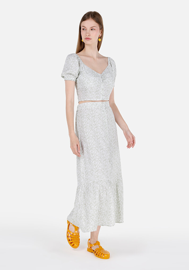 Slim Fit V Yaka Çiçekli Kadın Yeşil Karpuz Gömlek