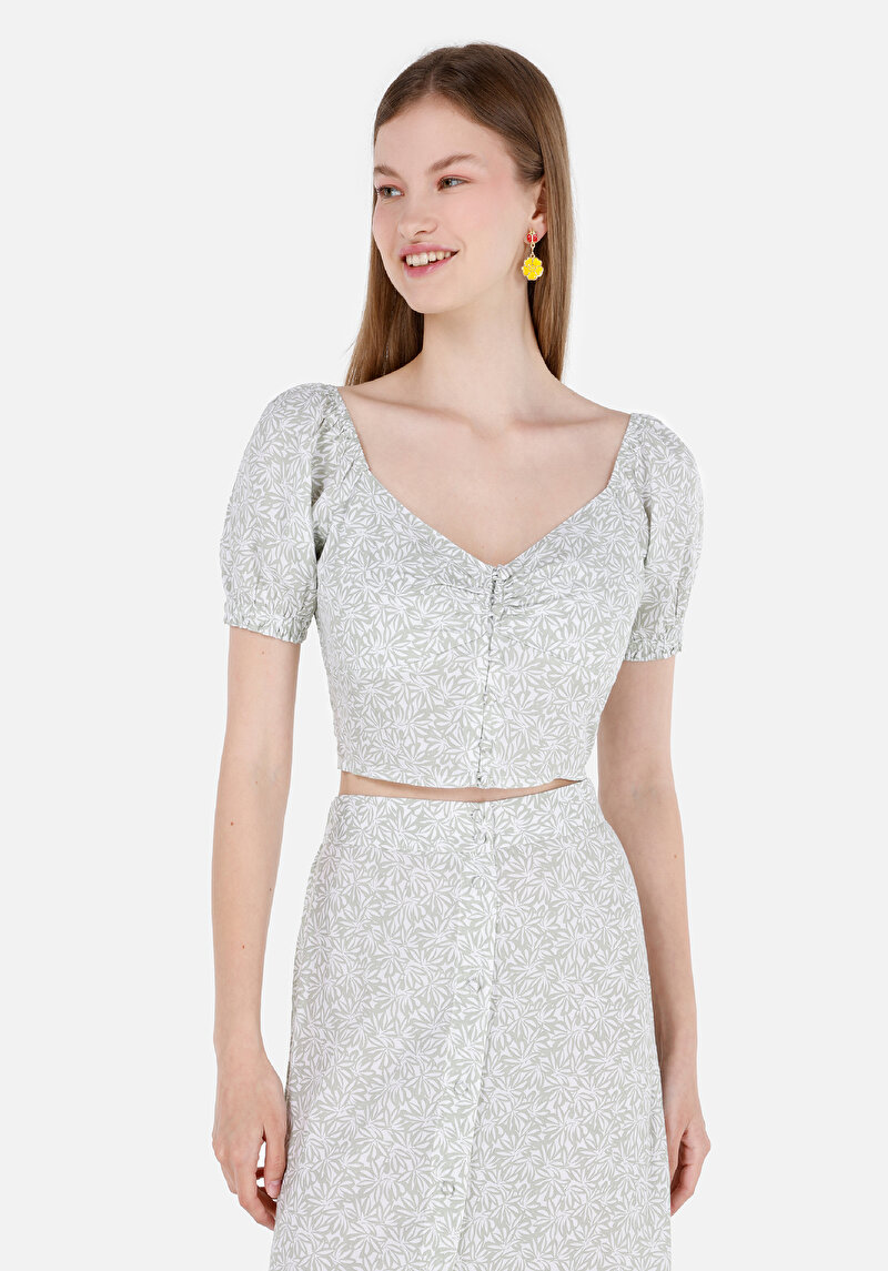 Slim Fit V Yaka Çiçekli Kadın Yeşil Karpuz Gömlek