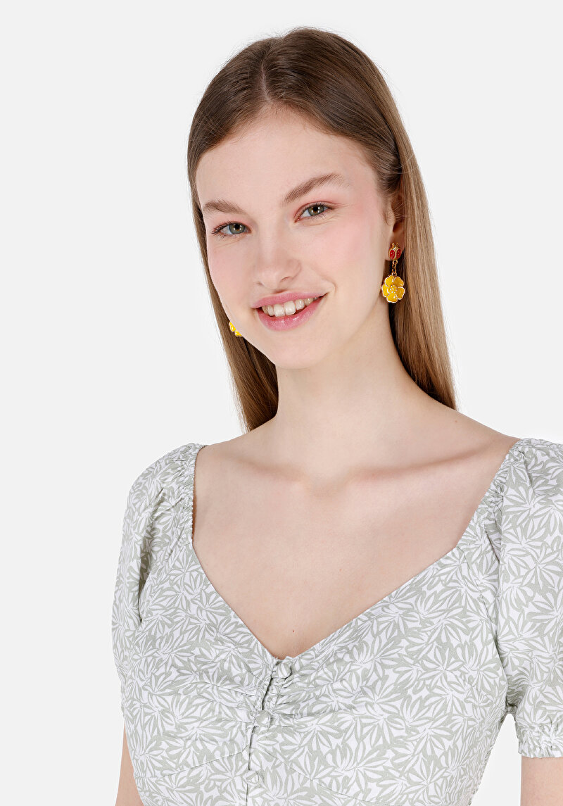 Slim Fit V Yaka Çiçekli Kadın Yeşil Karpuz Gömlek