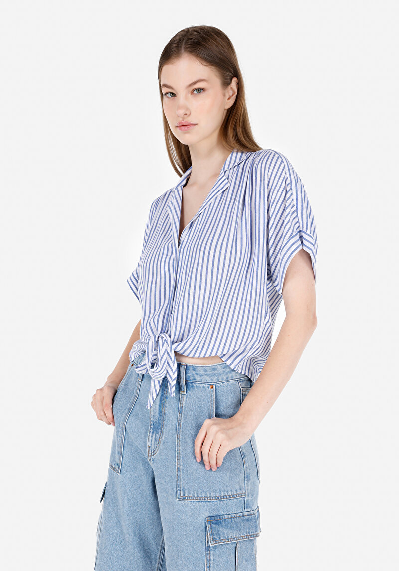 Regular Fit Shirt Cepsiz Neck Çizgili Kadın Mavi Kısa Kol Gömlek