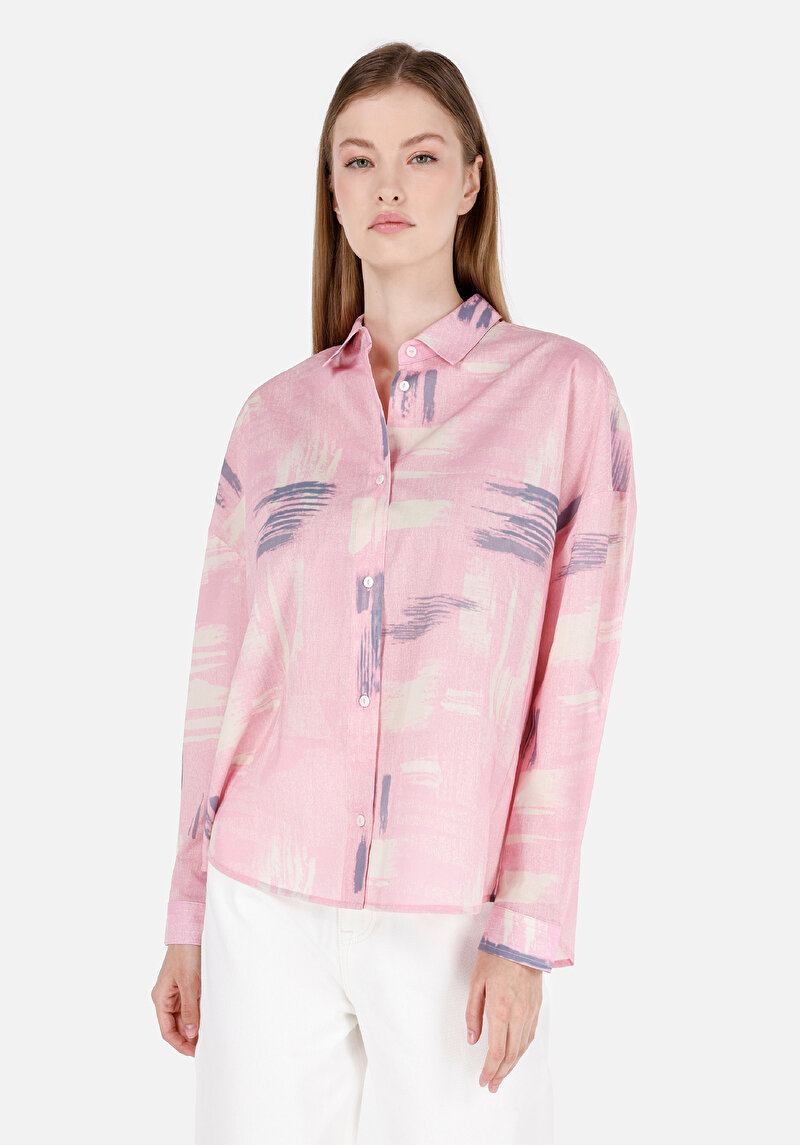 Relax Fit Shirt Neck Baskılı Kadın Pembe Uzun Kol Gömlek