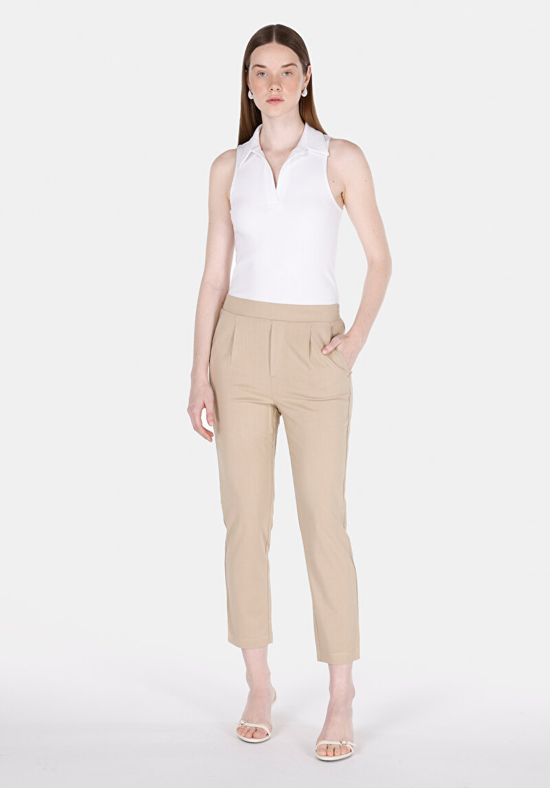 Regular Fit Düşük Bel Düz Paça Kadın Vizon Pantolon