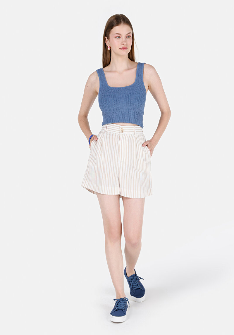 Regular Fit Yüksek Bel Çizgili Kadın Bej Şort