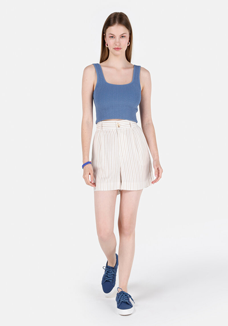 Regular Fit Yüksek Bel Çizgili Kadın Bej Şort