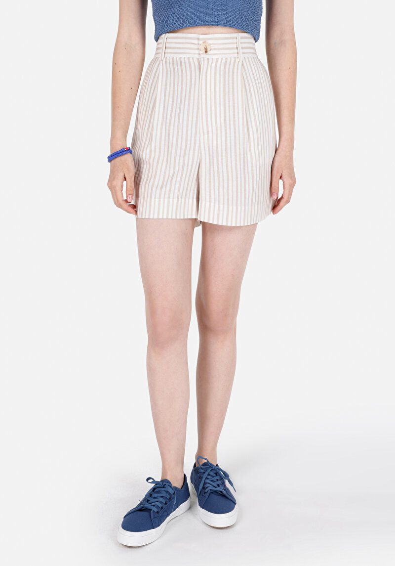 Regular Fit Yüksek Bel Çizgili Kadın Bej Şort