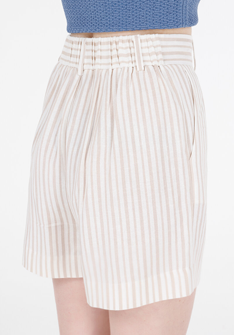 Regular Fit Yüksek Bel Çizgili Kadın Bej Şort