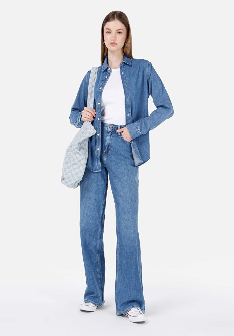 Regular Fit Yüksek Bel Geniş Paça Kadın İndigo Jean Pantolon