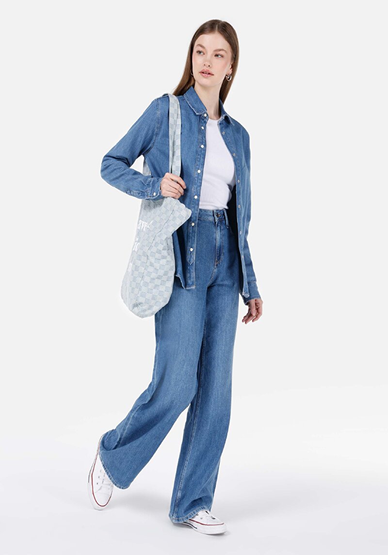 Regular Fit Yüksek Bel Geniş Paça Kadın İndigo Jean Pantolon