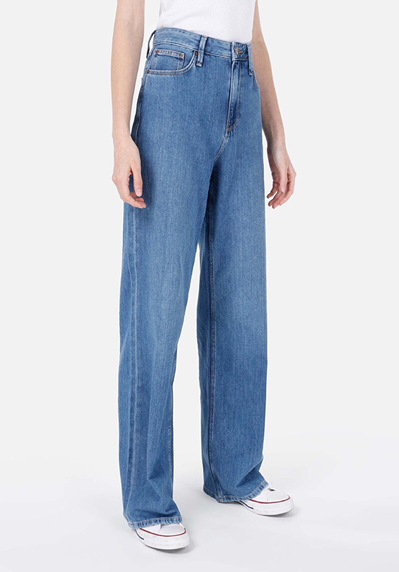 Regular Fit Yüksek Bel Geniş Paça Kadın İndigo Jean Pantolon