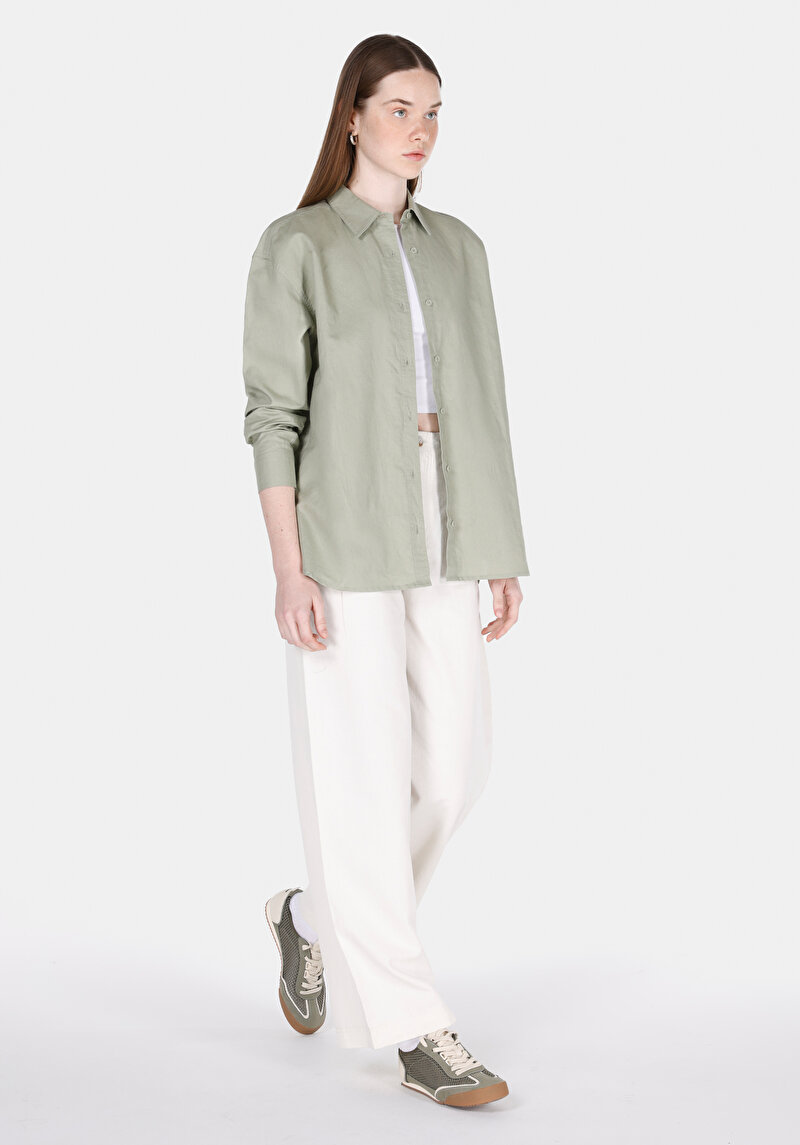 Relax Fit Cepsiz Shirt Neck Düz Kadın Yeşil Uzun Kol Gömlek