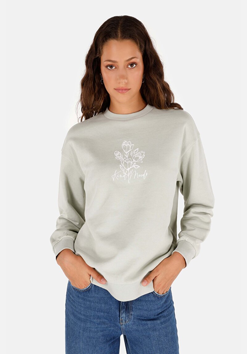 Regular Fit Yuvarlak Yaka Baskılı Kadın Yeşil Sweatshirt