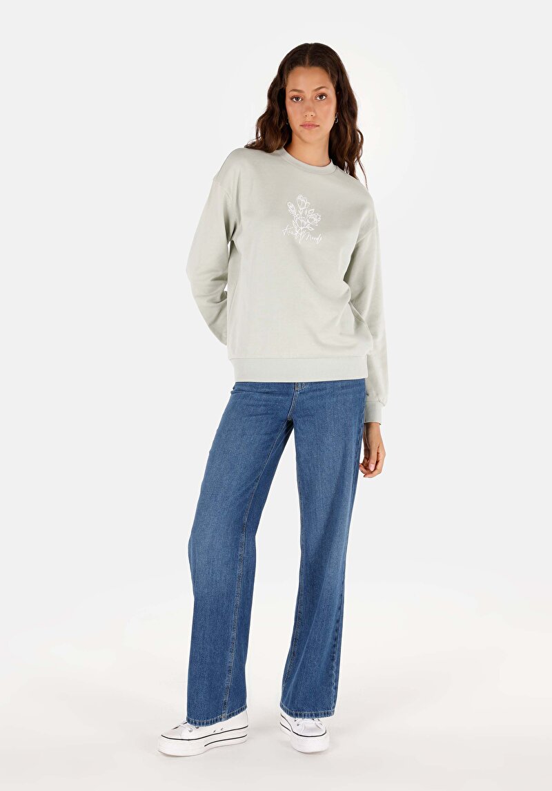 Regular Fit Yuvarlak Yaka Baskılı Kadın Yeşil Sweatshirt