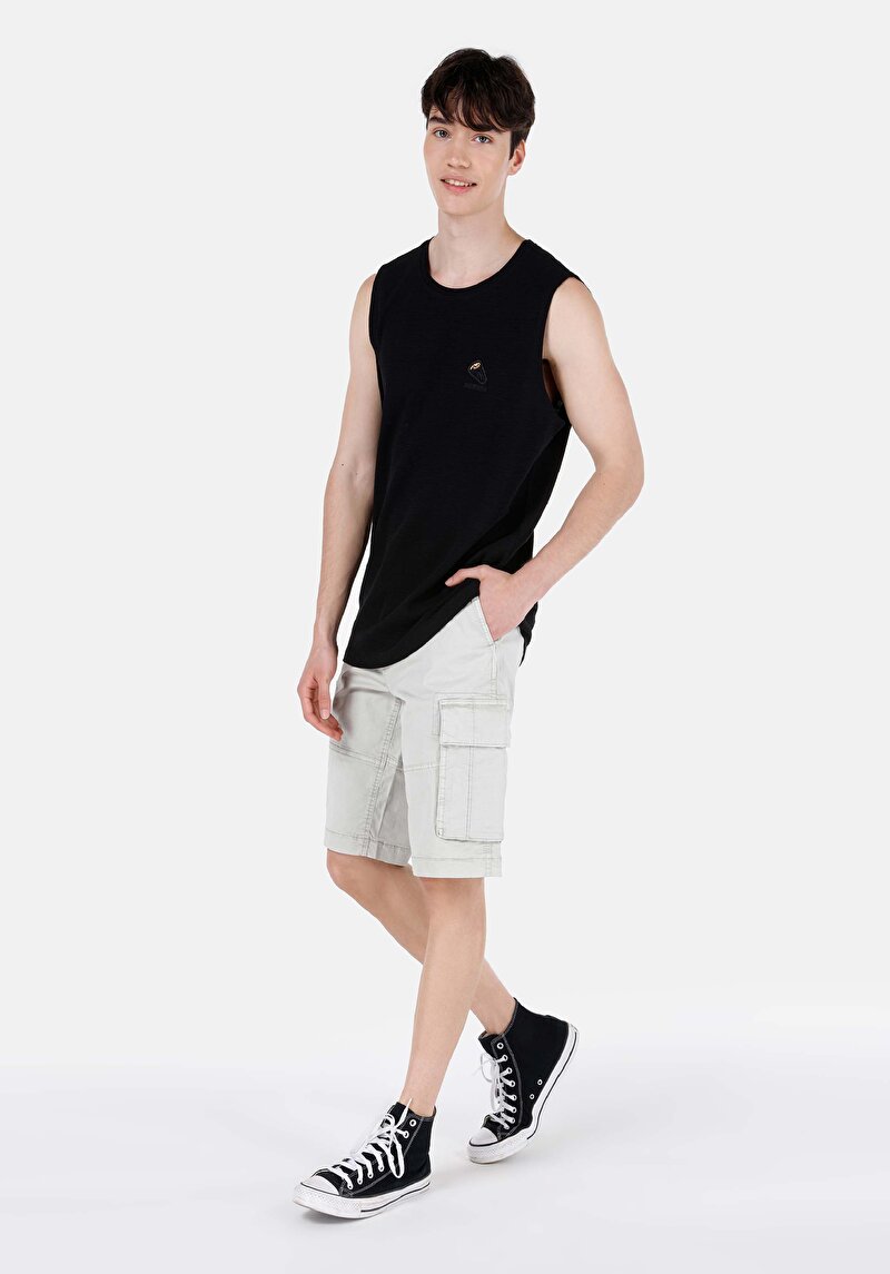 Regular Fit Cepli Orta Bel Düz Erkek Taş Şort
