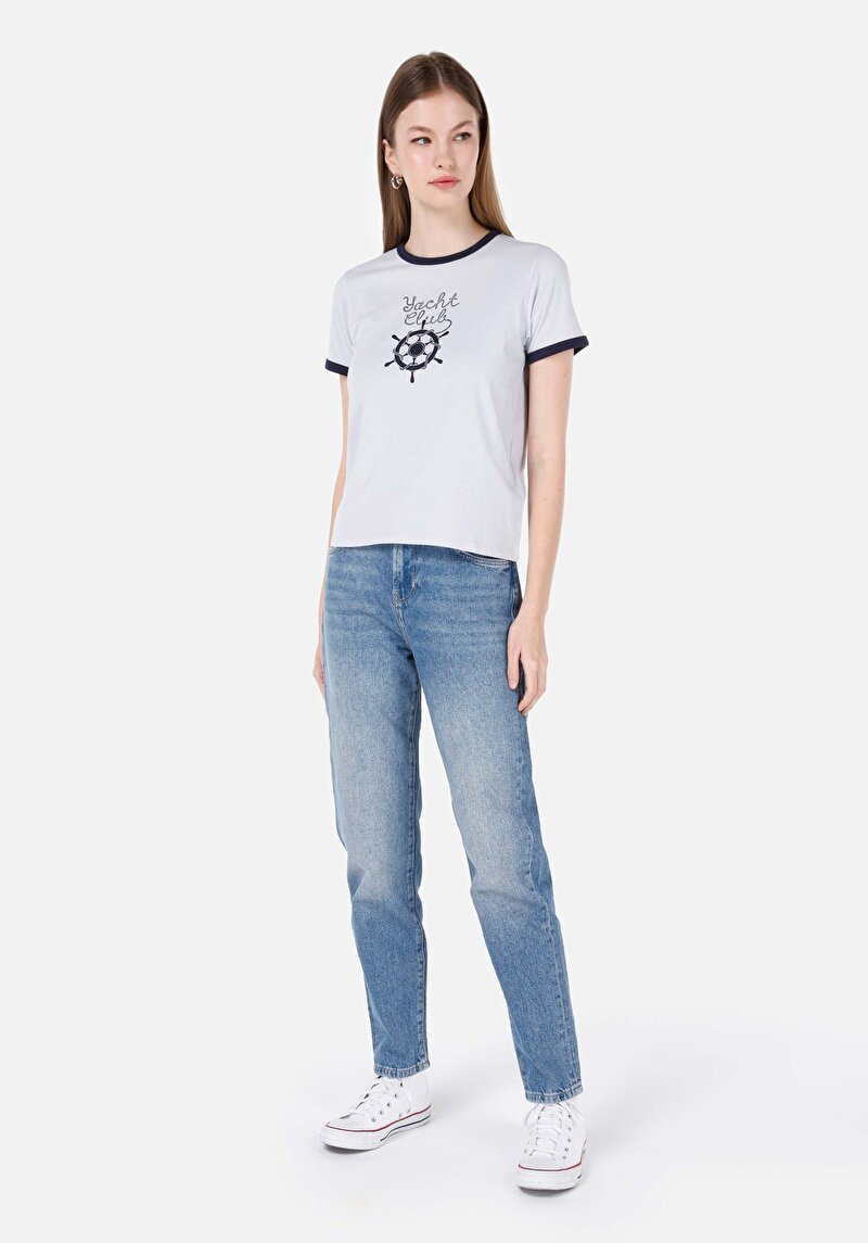 Mom Fit  Daralan Paça Kadın İndigo Jean Pantolon