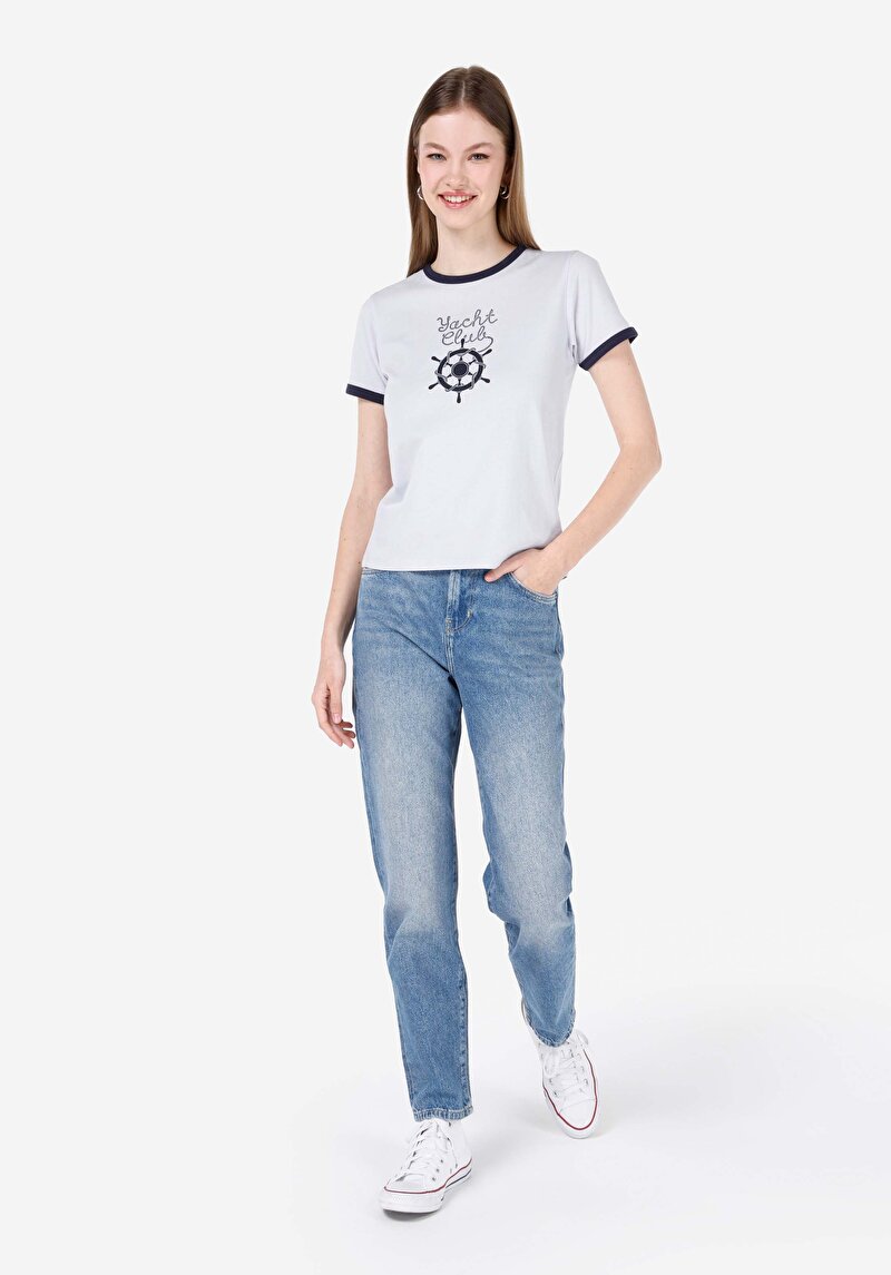 Mom Fit Daralan Paça Kadın İndigo Denim Jean Pantolon