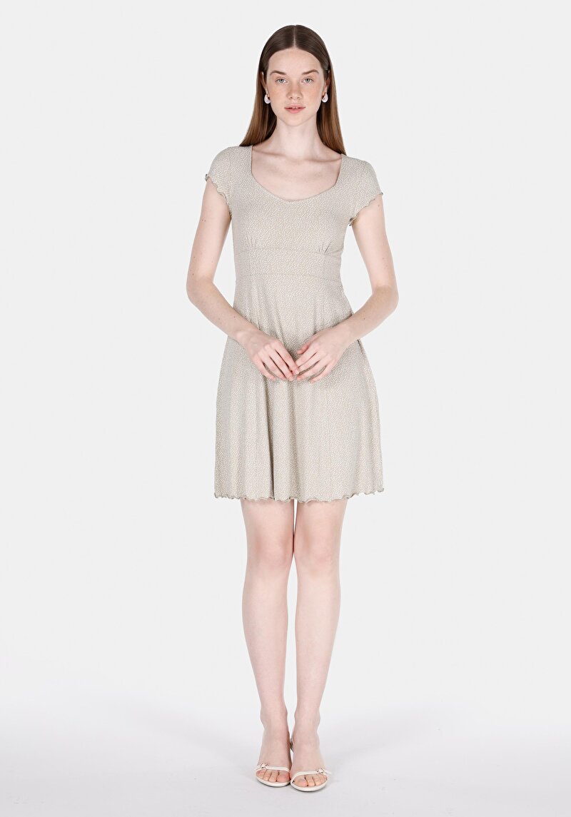 Slim Fit Çiçekli Kadın Yeşil Kısa Kol Elbise