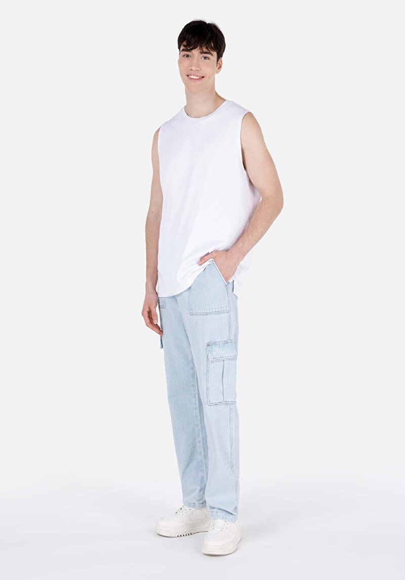 Cargo Fit Orta Bel Düz Paça Erkek İndigo Jean Pantolon