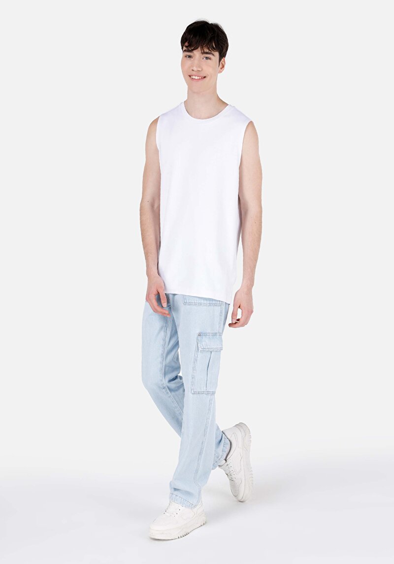 Cargo Fit Orta Bel Düz Paça Erkek İndigo Jean Pantolon