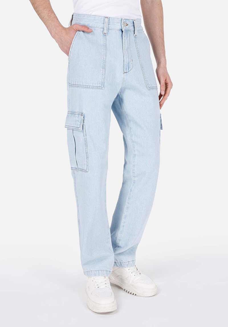 Cargo Fit Orta Bel Düz Paça Erkek İndigo Jean Pantolon