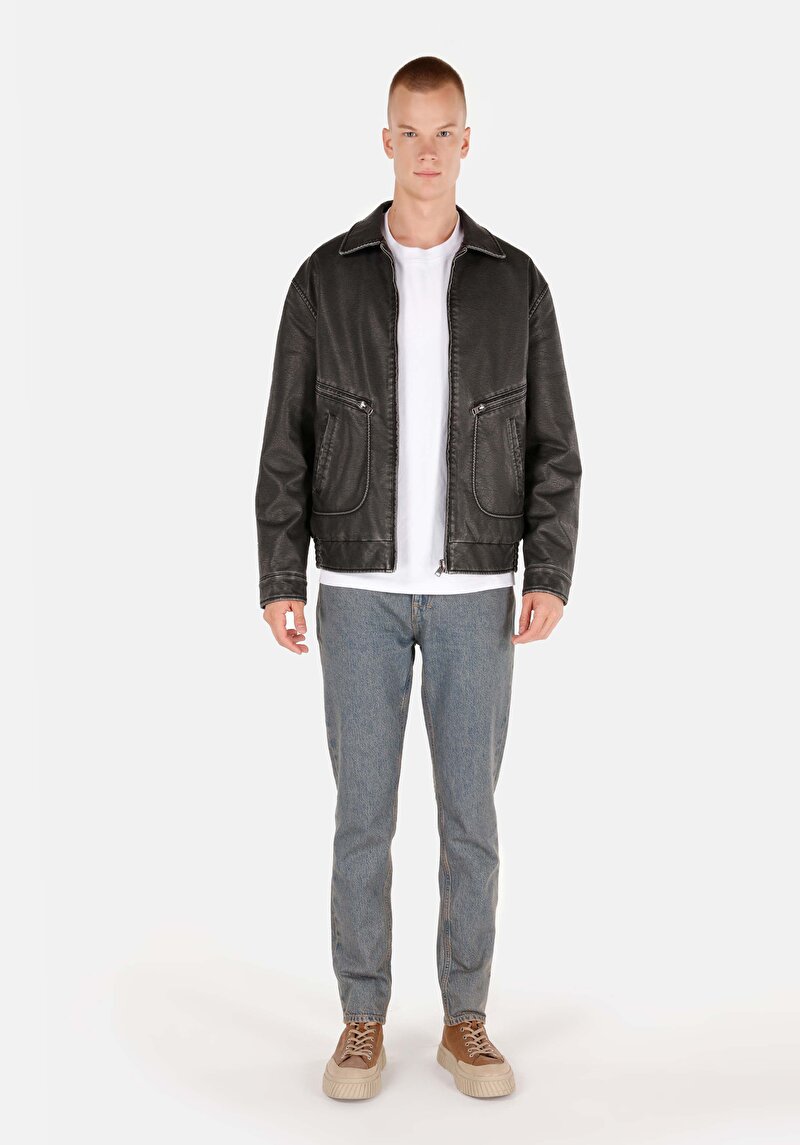 Regular Fit     Erkek Siyah Mont Pu