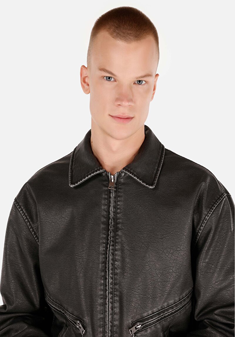 Regular Fit     Erkek Siyah Mont Pu