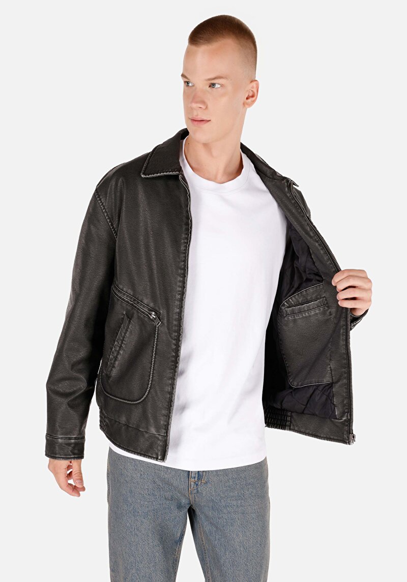 Regular Fit     Erkek Siyah Mont Pu