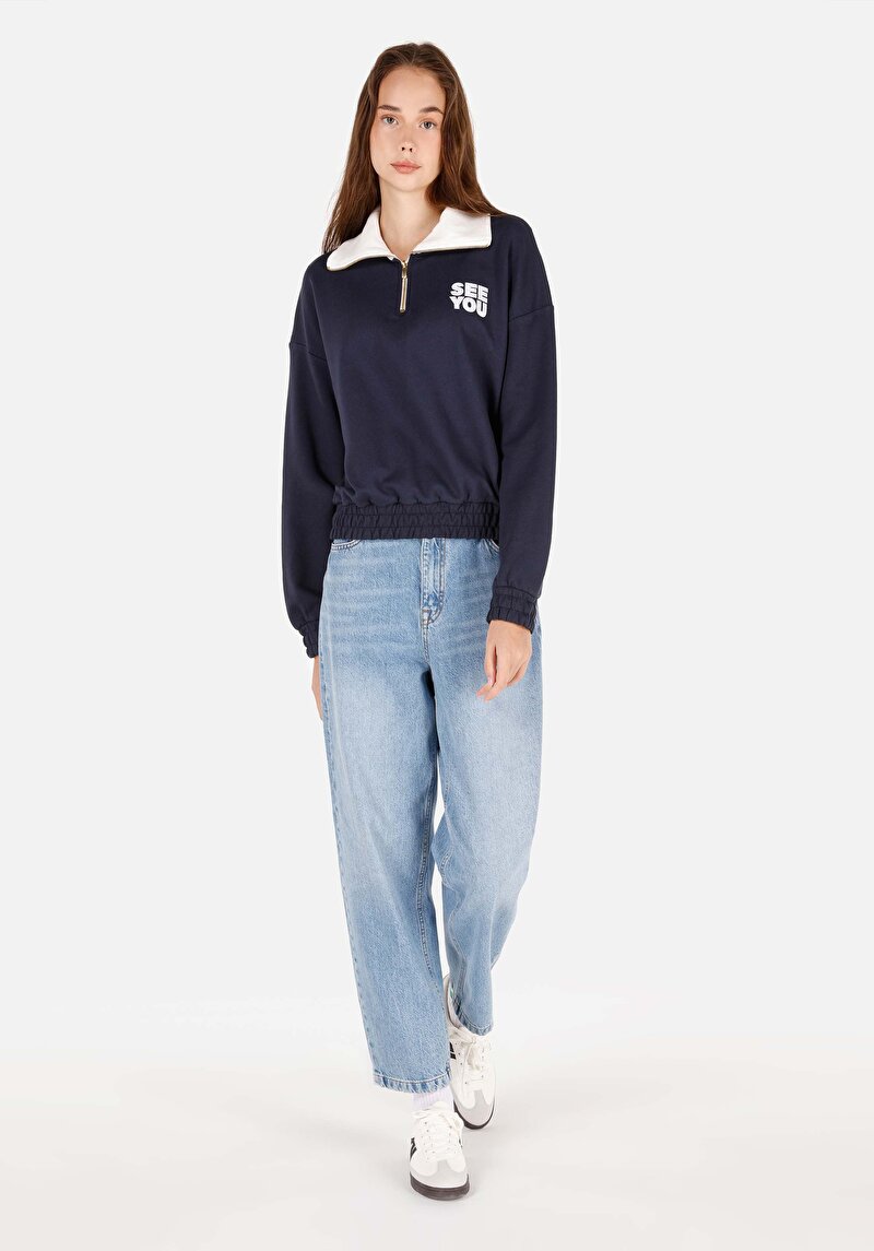 Regular Fit Fermuarlı Kadın Lacivert Sweatshirt