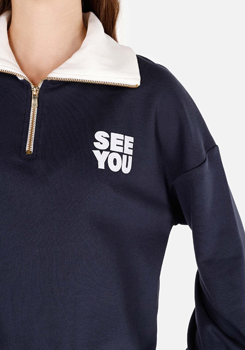 Regular Fit Fermuarlı  Kadın Lacivert Sweatshirt