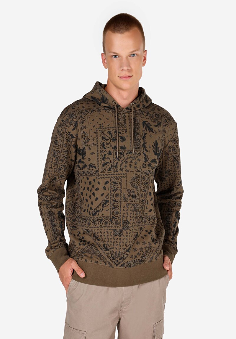 Regular Fit Kapüşonlu Cepsiz Erkek Yeşil Sweatshirt