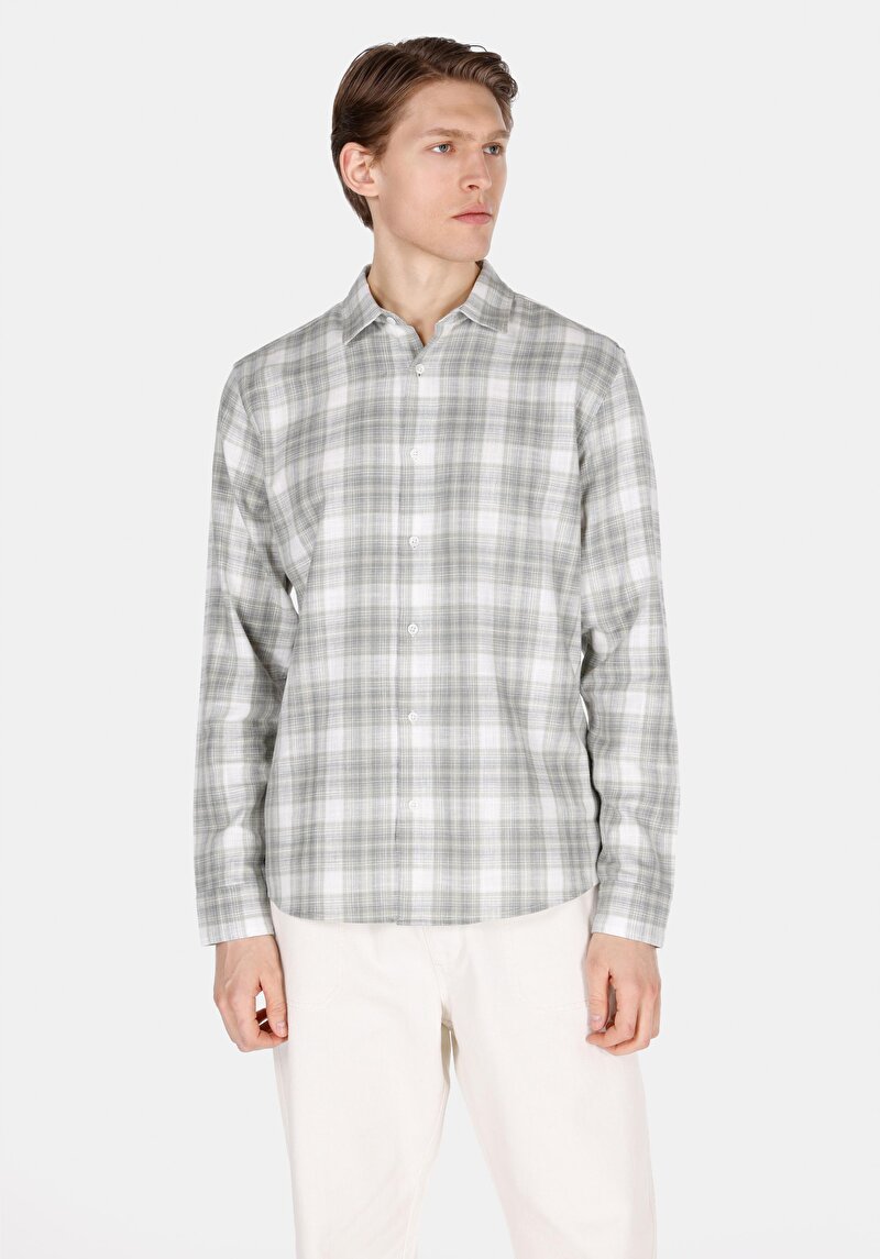 Regular Fit Shirt Neck Ekoseli Erkek Yeşil Uzun Kol Gömlek