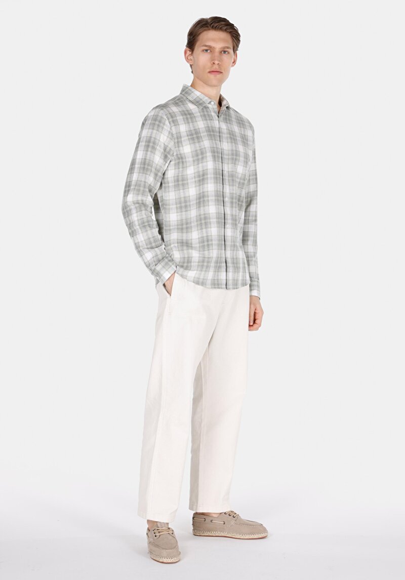 Regular Fit Shirt Neck Ekoseli Erkek Yeşil Uzun Kol Gömlek