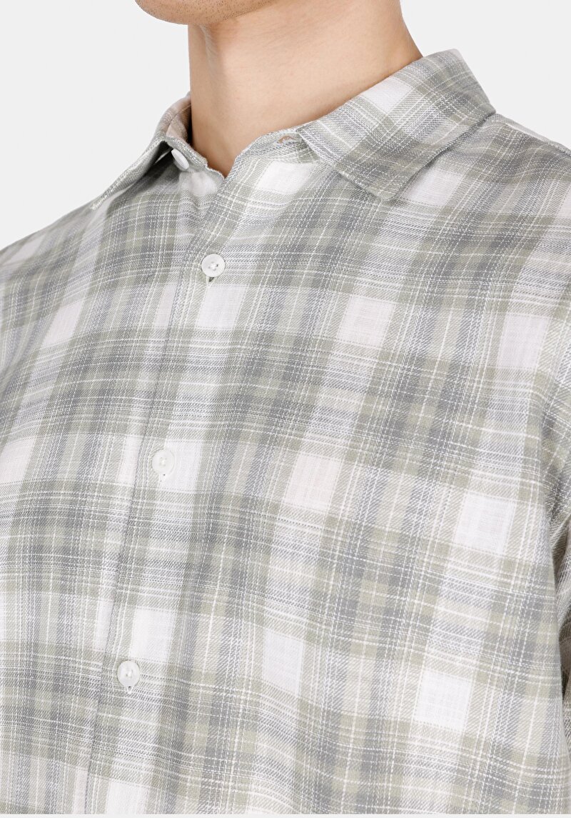 Regular Fit Shirt Neck Ekoseli Erkek Yeşil Uzun Kol Gömlek