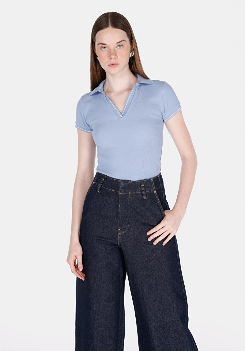 Slim Fit Polo Yaka Düz Kadın Mavi Kısa Kol Tişört