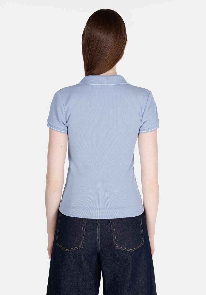 Slim Fit Polo Yaka Düz Kadın Mavi Kısa Kol Tişört