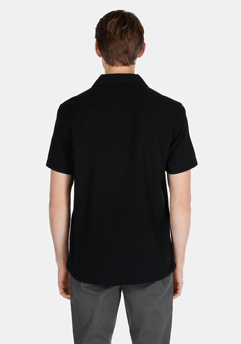 Regular Fit Shirt Neck Cepsiz Düz Erkek Siyah Kısa Kol Gömlek