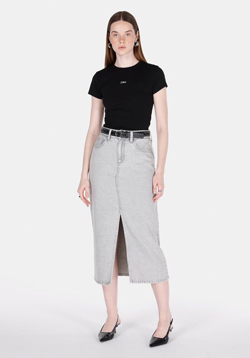 Slim Fit Düz Fermuarlı Kadın Gri Etek