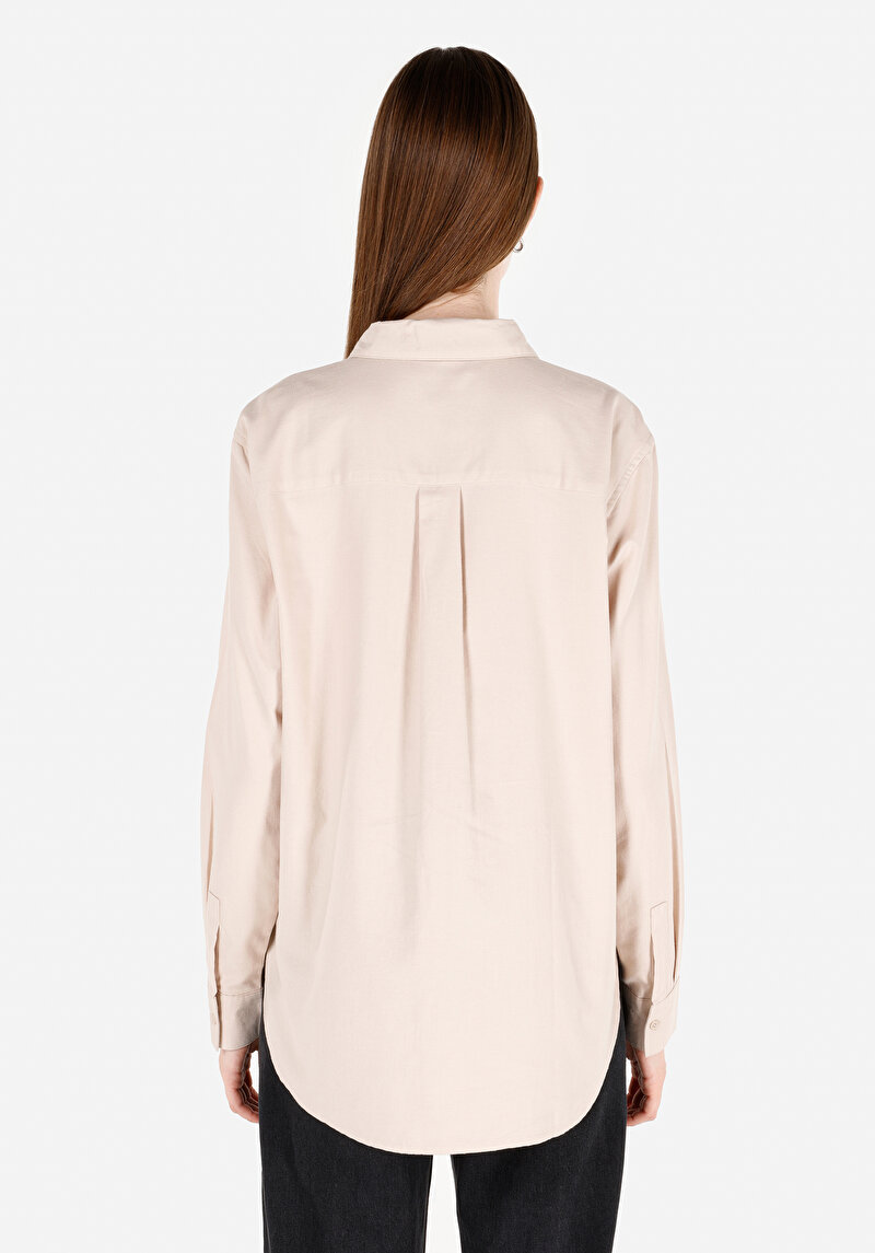Regular Fit Shirt Neck Düz Kadın Bej Uzun Kol Gömlek