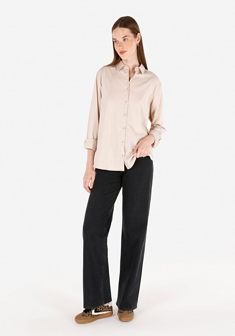 Regular Fit Shirt Neck Düz Kadın Bej Uzun Kol Gömlek