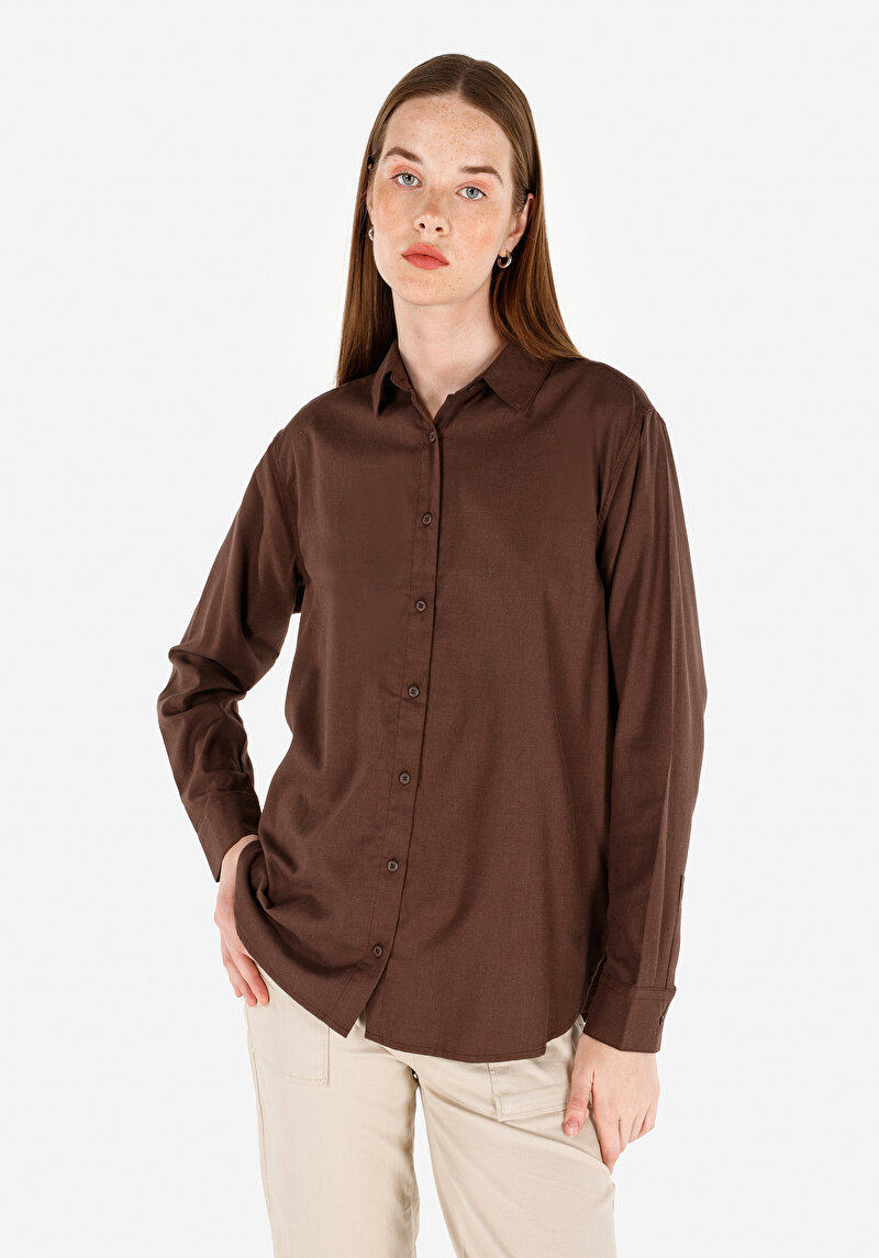 Regular Fit Shirt Neck Cepsiz Düz Kadın Kahverengi Uzun Kol Gömlek