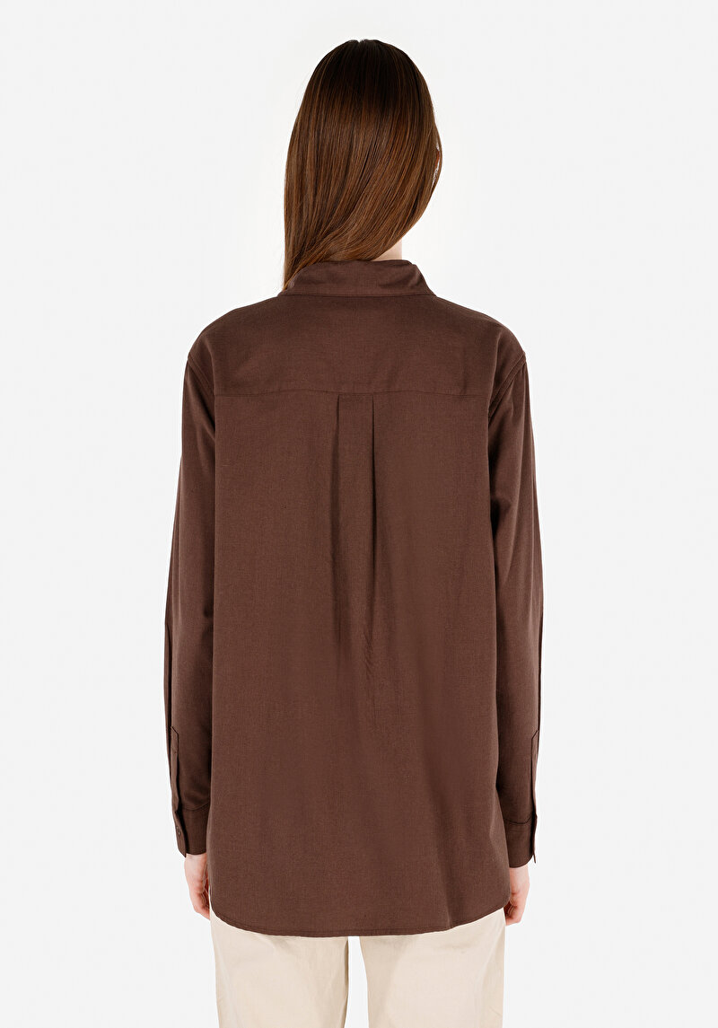 Regular Fit Shirt Neck Cepsiz Düz Kadın Kahverengi Uzun Kol Gömlek