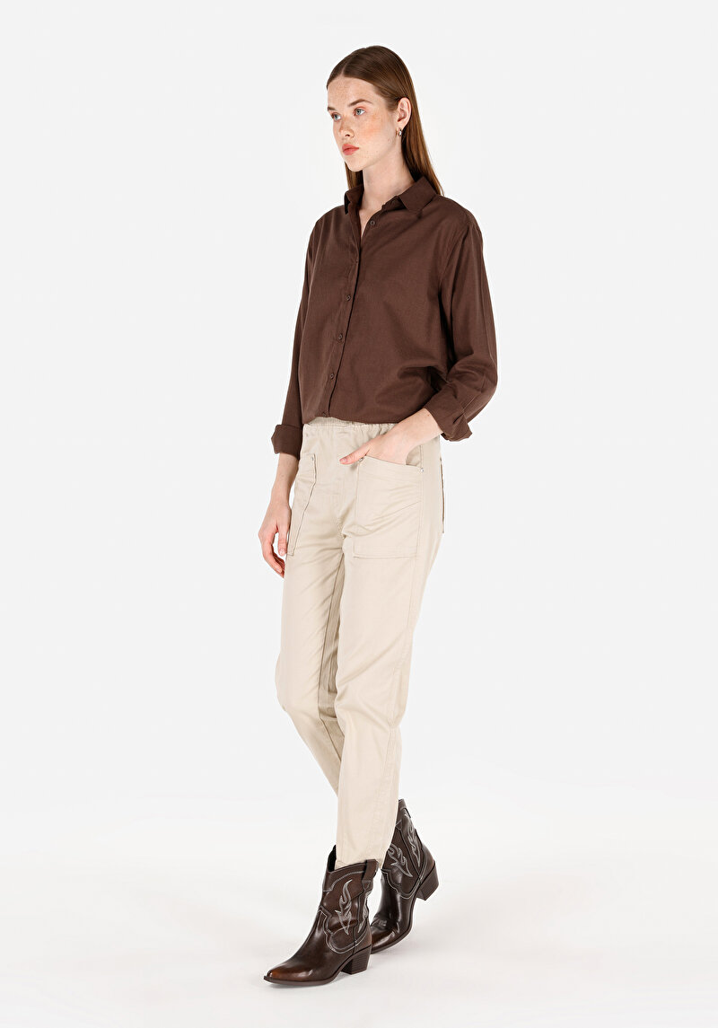 Regular Fit Shirt Neck Cepsiz Düz Kadın Kahverengi Uzun Kol Gömlek
