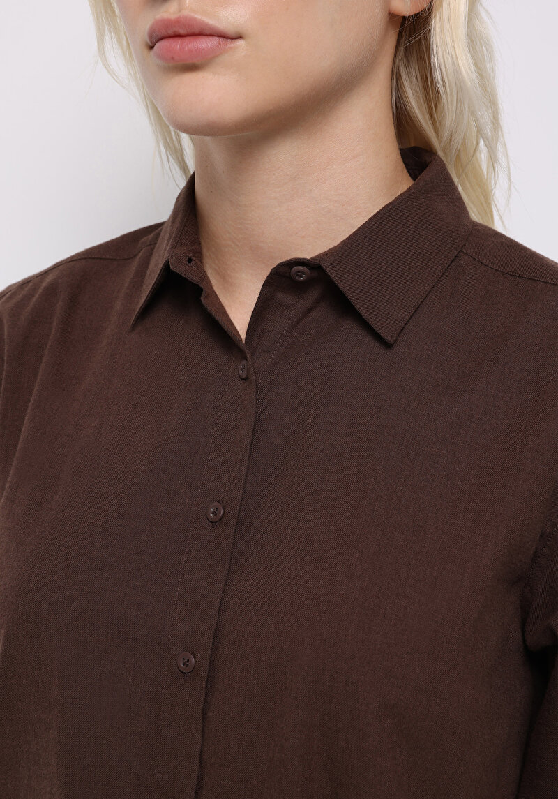 Regular Fit Shirt Neck Cepsiz Düz Kadın Kahverengi Uzun Kol Gömlek