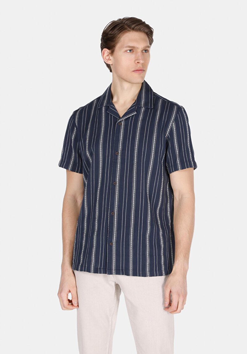 Regular Fit Pamuklu Shirt Neck Çizgili Erkek Lacivert Kısa Kol Gömlek