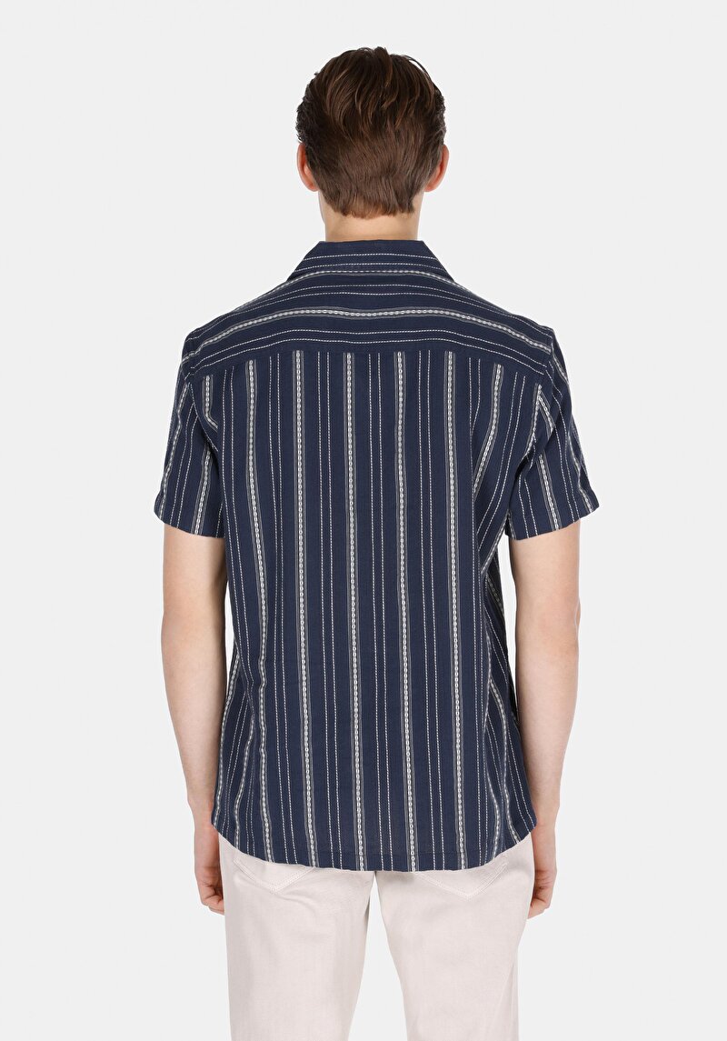 Regular Fit Pamuklu Shirt Neck Çizgili Erkek Lacivert Kısa Kol Gömlek